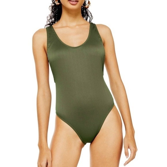 Topshop Olive Ribbed One Piece Bathing suit - Picture 1 of 4